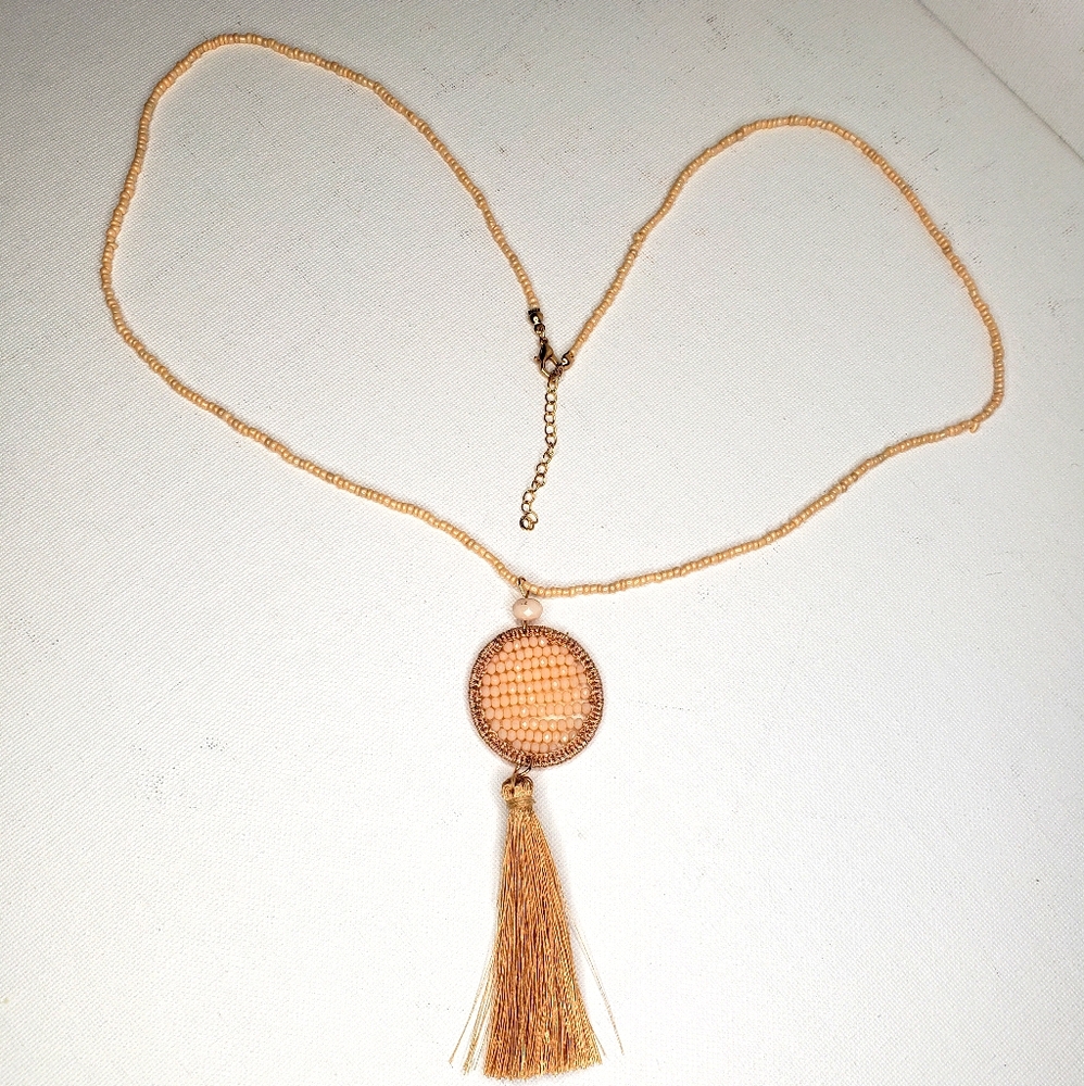 Peach Colored Beaded Tassel Necklace
